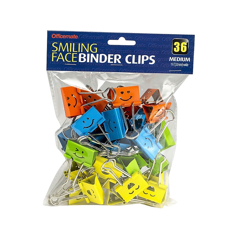 Officemate Smiling Face Medium Binder Clips, Assorted Colors, 36 Clips/Pack (31095) image 1
