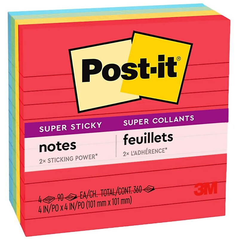 Post-it Super Sticky Notes, Playful Primaries Colors, Lined, 4 in x 4 in, 90 Sheets/Pad, 4 Pads/Pack (675-4SSAN) image 1