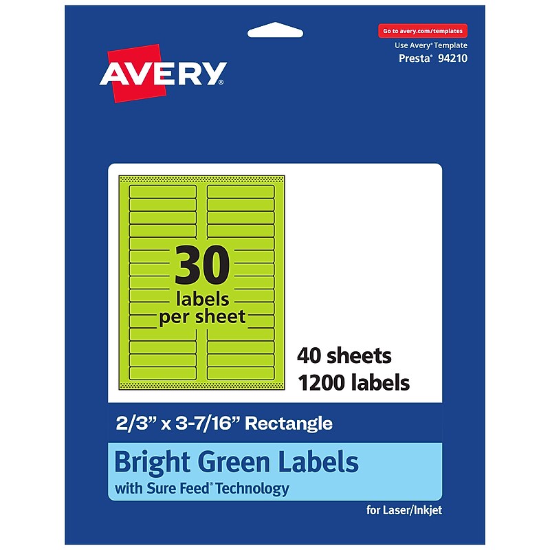 Avery Rectangle Multipurpose Labels, 2/3" x 3-7/16", Bright Green, 1200/Pack (94210) image 1