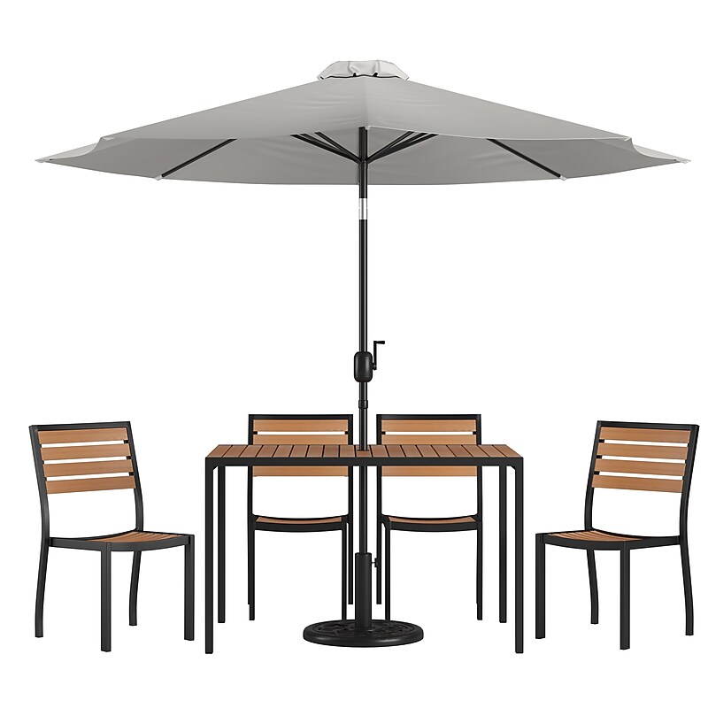 Flash Furniture Lark All-Weather Patio Table Set, Gray Umbrella, 7 Piece Set (X34834UB19BGY) image 1