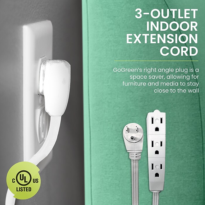 GoGreen Power 15' Extension Cord, 3-Outlet, 16 AWG, White (GG