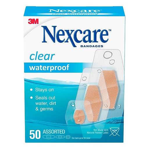 Nexcare Waterproof Ahesive Bandages, AssortedSized, Clear, 50/Box