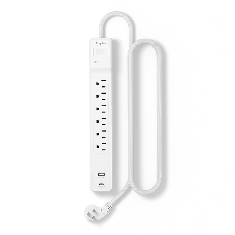 Staples TECH 6-Outlet 2-USB Port Surge Protector, 4', 1800 Joules, White (ST62769) image 1