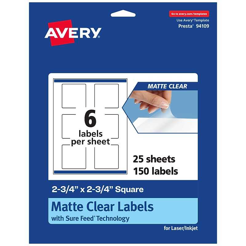 Avery Laser/Inkjet Square Multipurpose Labels, 2-3/4" x 2-3/4", Clear, 150/Pack (94109) image 1