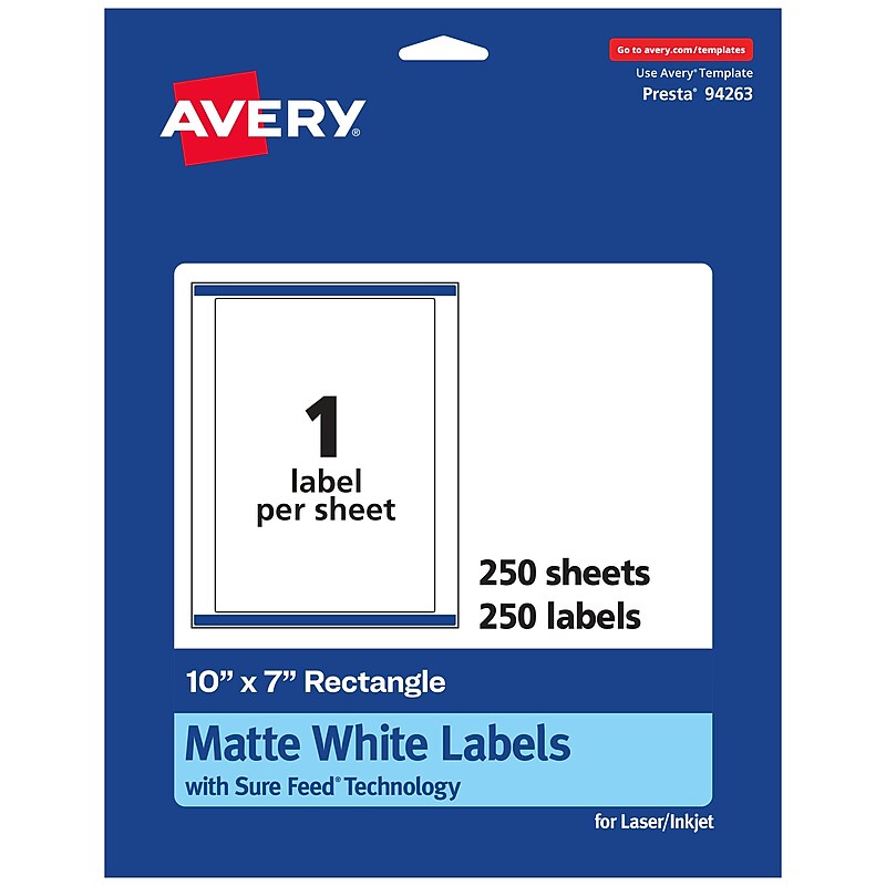 Avery Laser/Inkjet Rectangle Labels, 10" x 7", Matte White, 250 Labels/Box (94263) image 1