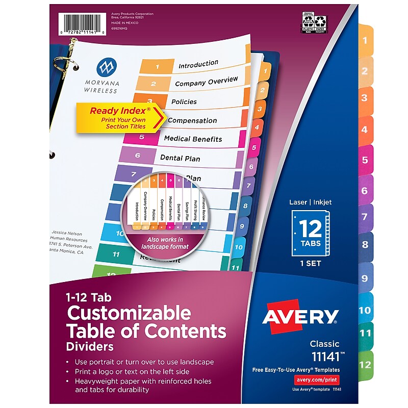 Avery Ready Index Table of Contents Pre-Printed Numeric Paper Divider, 12 Tabs, Multicolor, 1 Set (11141) image 1