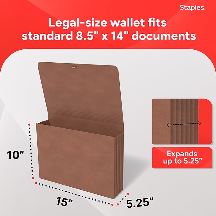 Staples Expanding Wallet, Elastic Closure, Legal Size, Brown, 10