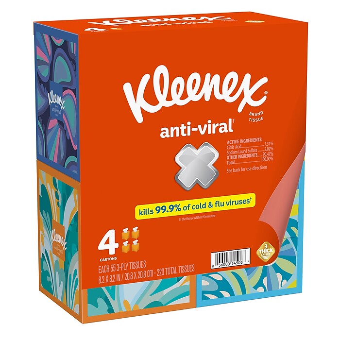 Kleenex Antiviral Facial Tissue, 3-ply, 55 Tissues/Box, 4 Boxes