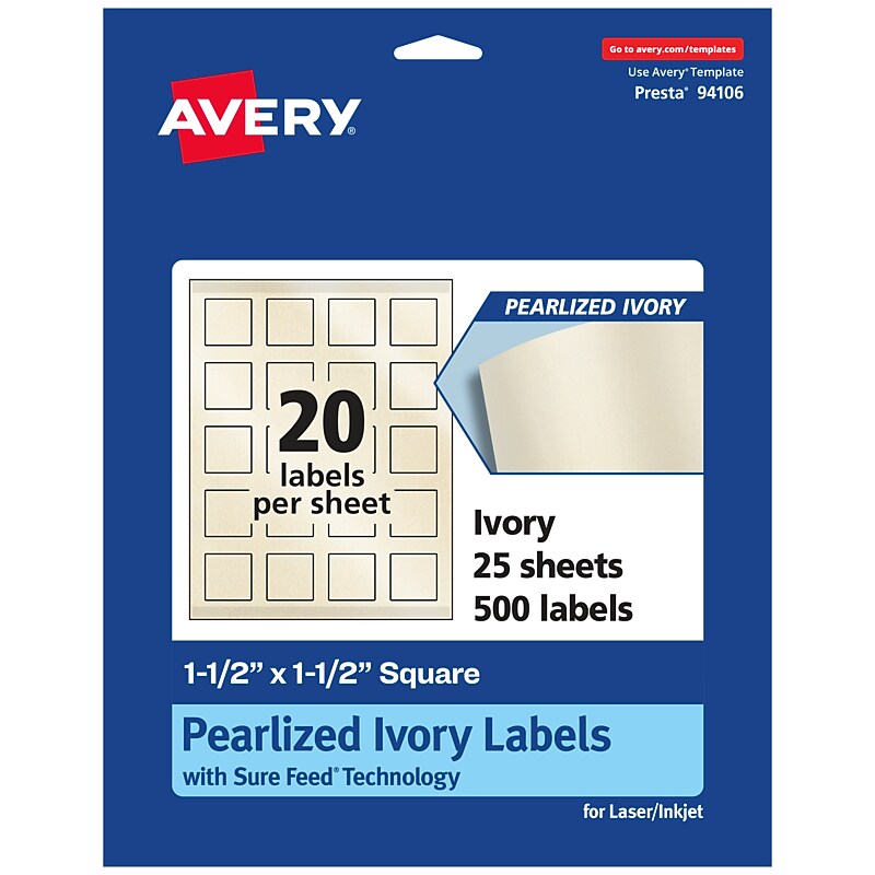 Avery Pearlized Ivory Square Multipurpose Labels, 1.5" x 1.5", Ivory, 500/Pack (94106) image 1