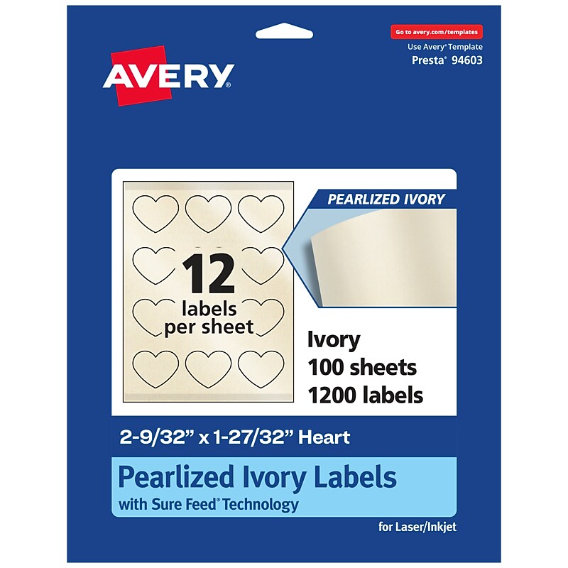 Avery Pearlized Ivory Heart Shaped Multipurpose Labels, 2-9/32" x 1-27/32", Ivory, 1200/Box (94603) image 1