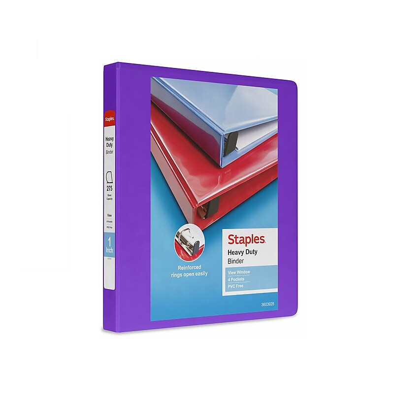 Staples Heavy Duty 1" 3-Ring View Binder, D-Ring, Purple (ST56307-CC) image 1