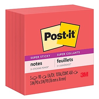 Post-it® Super Sticky Notes, 3" x 3", Red, 90 Sheets/Pad, 5 Pads/Pack (654-5SSRR)