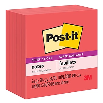Post-it® Super Sticky Notes, 3" x 3", Red, 90 Sheets/Pad, 5 Pads/Pack (654-5SSRR)