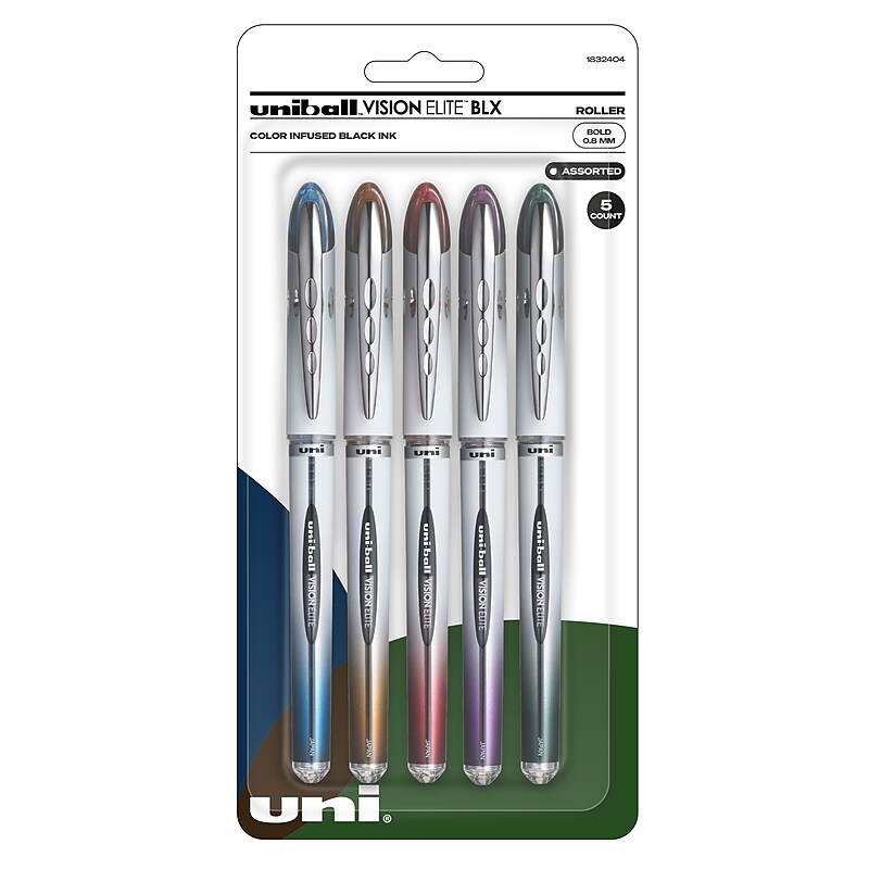 uniball Vision Elite BLX Rollerball Pens, Bold Point, 0.8mm, Assorted Colors, 5/pk (1832404) image 1