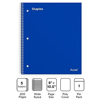 Staples Premium 5-Subject Notebook, 8.5" x 10.5", Wide Ruled, 200 Sheets, Black (TR58317)