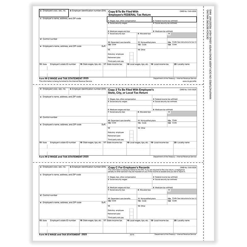 ComplyRight 2025 W-2 Tax Form, 1-Part, 3-Up, Employee Copy B, C, and 2, 50/Pack (521050) image 1