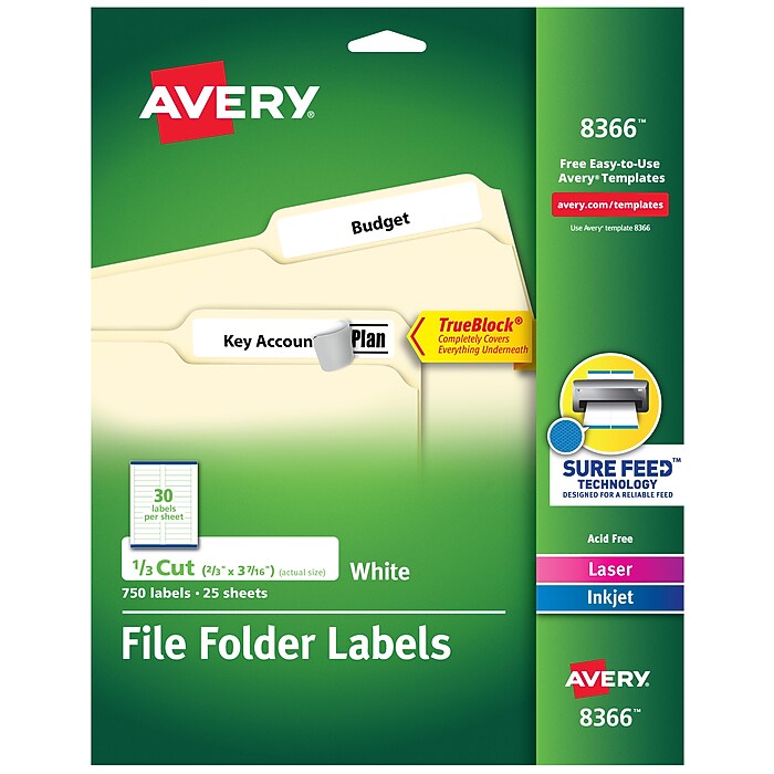 Avery TrueBlock Laser/Inkjet File Folder Labels, 2/3