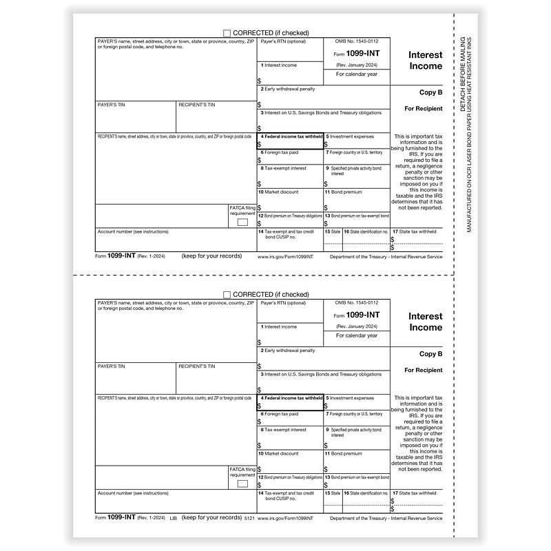 ComplyRight 2024 1099-INT Tax Form, 1-Part, 2-Up, Copy B, 50/Pack (512150) image 1