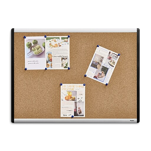 Staples Durable Cork Bulletin Board, Black/Silver Frame, 2' x 1.5
