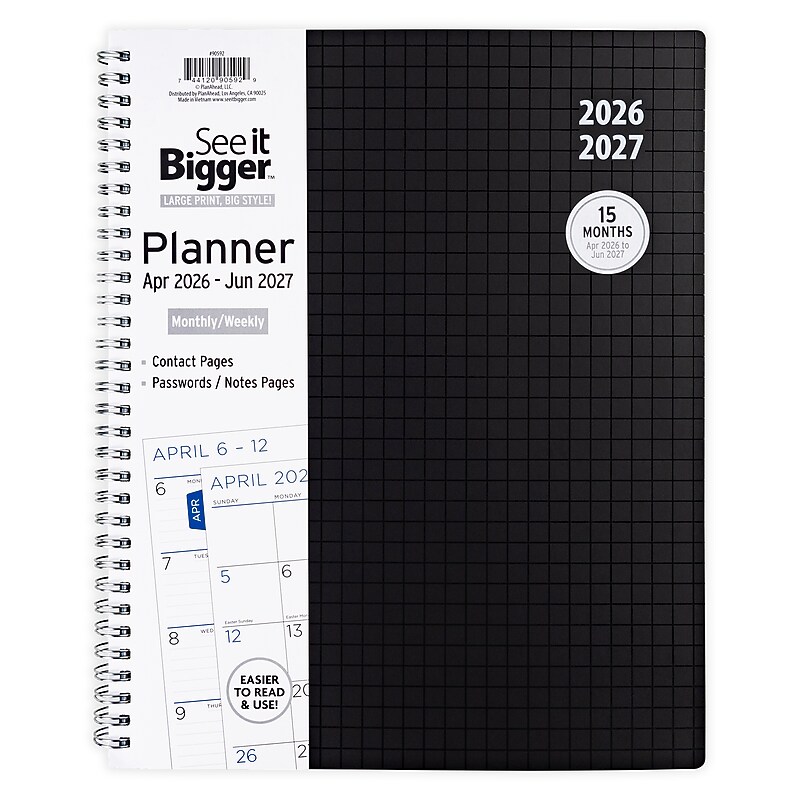 2026-2027 See It Bigger 11.25" x 9.25" Academic Year Weekly & Monthly Planner, Paperboard Cover, Black Grid (90592) image 1