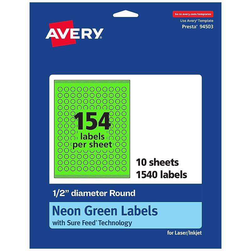 Avery Laser/Inkjet Multipurpose Circle Labels, 0.5" Dia., Neon Green, 1540/Pack (94503) image 1