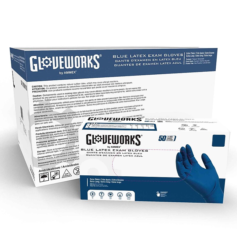 GloveWorks Powder Free Latex Food Safe Exam Gloves, Large, Blue, 50 Gloves/Box, 10 Boxes/Carton (GPLHD86100XX) image 1