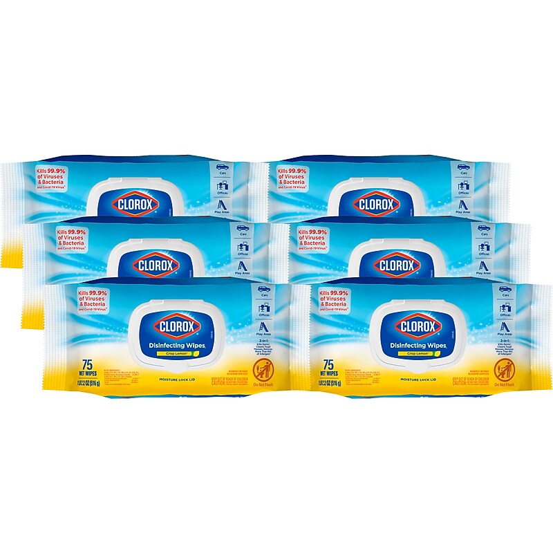 Clorox Disinfecting Wipes, Lemon Scent, 75 Wipes/Pack, 6/Carton (31404CT)
