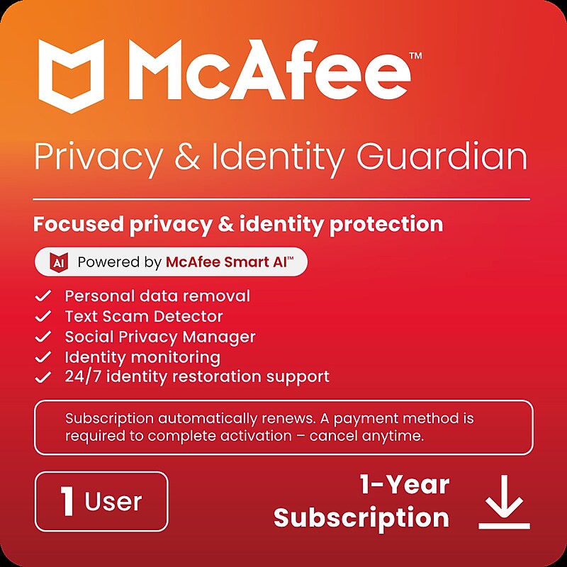 McAfee Privacy & Identity Guardian for 1 User, Windows/Mac/Android/iOS, Online Access (MPG31ESTUROCD) image 1