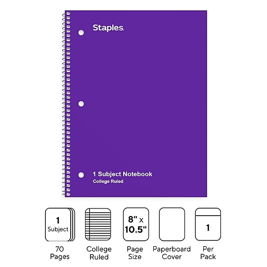 STAPLES 1‑Subject Notebook, 8” x 10.5”, College Ruled, Purple~#|#~68543881-CFD6-4CB6-A8DA5D4245A4C720_sc7