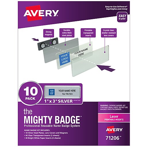 Avery The Mighty Badge Laser Reusable Name Badge System, 1" x