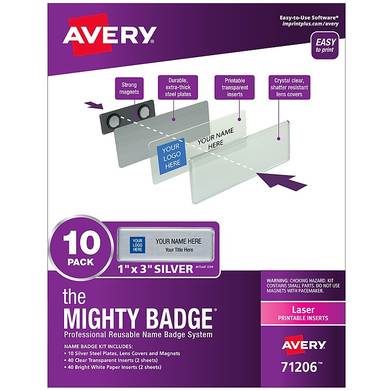 Avery The Mighty Badge Laser Reusable  Magnetic Name Badge System, 1" x 3", Silver, 80 Inserts, 10/Pack (71206) image 1