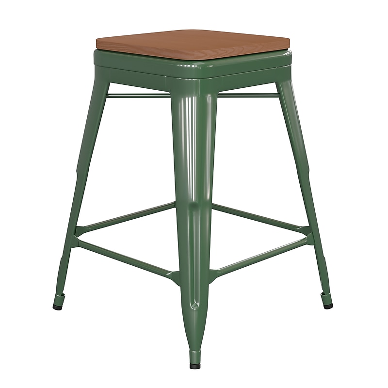 Flash Furniture Kai Indoor-Outdoor Backless Counter Height Stool, Green with Teak Seat (CH3132024GNPL2T) image 1