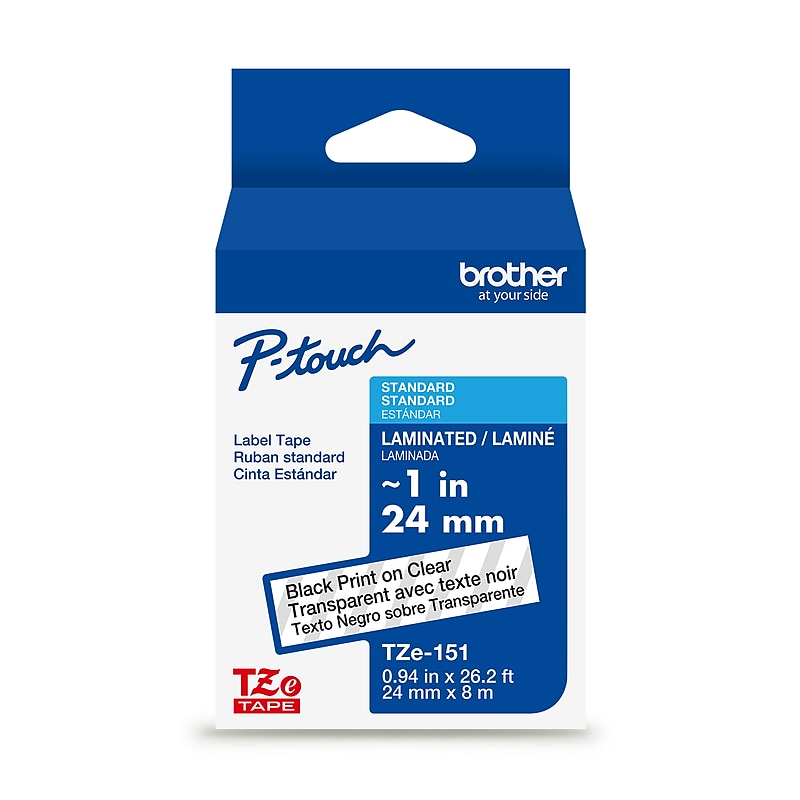 Brother P-touch Laminated Label Tape, ~1" x 26.2', Black on Clear (TZe151) image 1