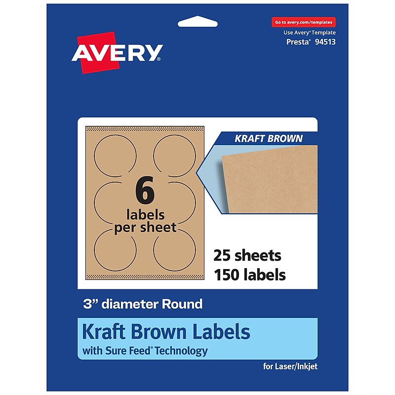 Avery Laser/Inkjet Round Multipurpose Labels, 3" Dia., Kraft Brown, 150 Labels/Pack (94513) image 1