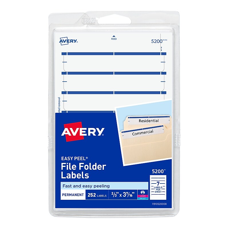 Avery Easy Peel Laser/Inkjet File Folder Labels, 2/3" x 3-7/16", White/Blue, 252 Labels/Pack (5200) image 1
