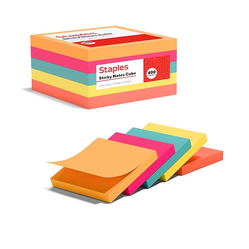 Staples Stickies Standard Notes, 3" x 3" Assorted, 400 Sheets/Pad, 1 Pad/Pack (S-33BRC/52557) image 1