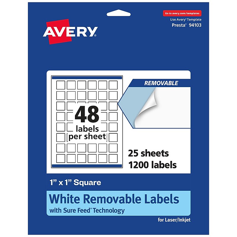 Avery Laser/Inkjet Square Removable Labels, 1" x 1", White, 1,200 Labels/Pack (94103) image 1
