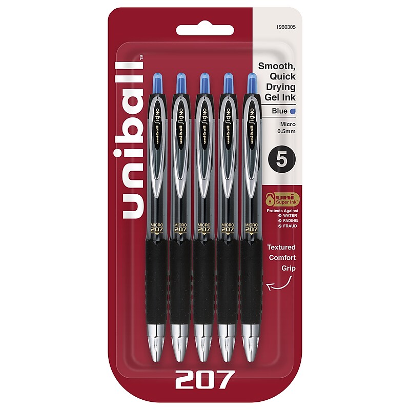 uni-ball Signo 207 Retractable Gel Pen, Micro Point, Blue Ink, 5/Pack (1960305) image 1