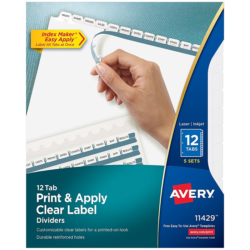 Avery Index Maker Paper Dividers with Print & Apply Label Sheets, 12 Tabs, White, 5 Sets/Pack (11429) image 1