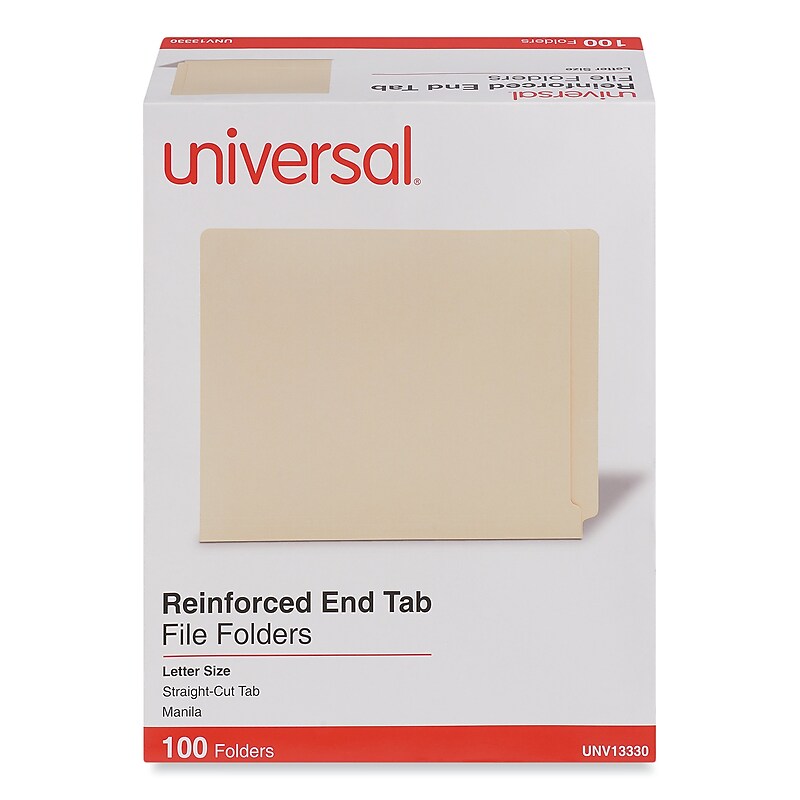 Universal Reinforced File Folders, 1 Tab, Letter Size, Manila, 100/Box (UNV13330) image 1