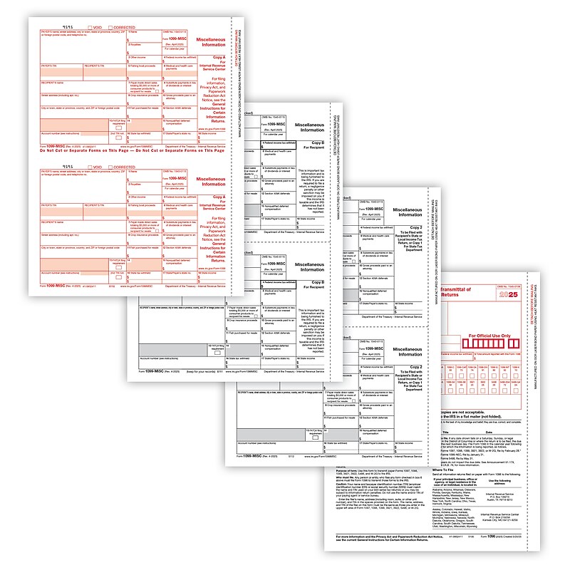 ComplyRight 2025 1099-MISC Tax Form, 4-Part, 2-Up, Copy A, B, C/2, 1096 Transmittal, 100/Pack (6103100) image 1