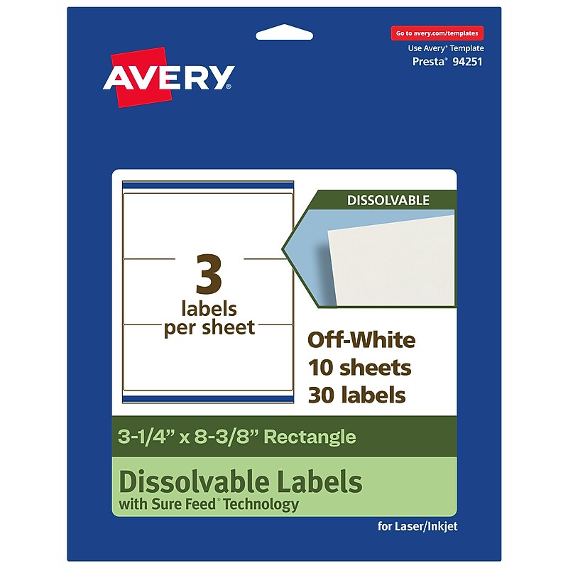 Avery Dissolvable Rectangle Multipurpose Labels, 3-1/4" x 8-3/8", Off-white, 30/Pack (94251) image 1