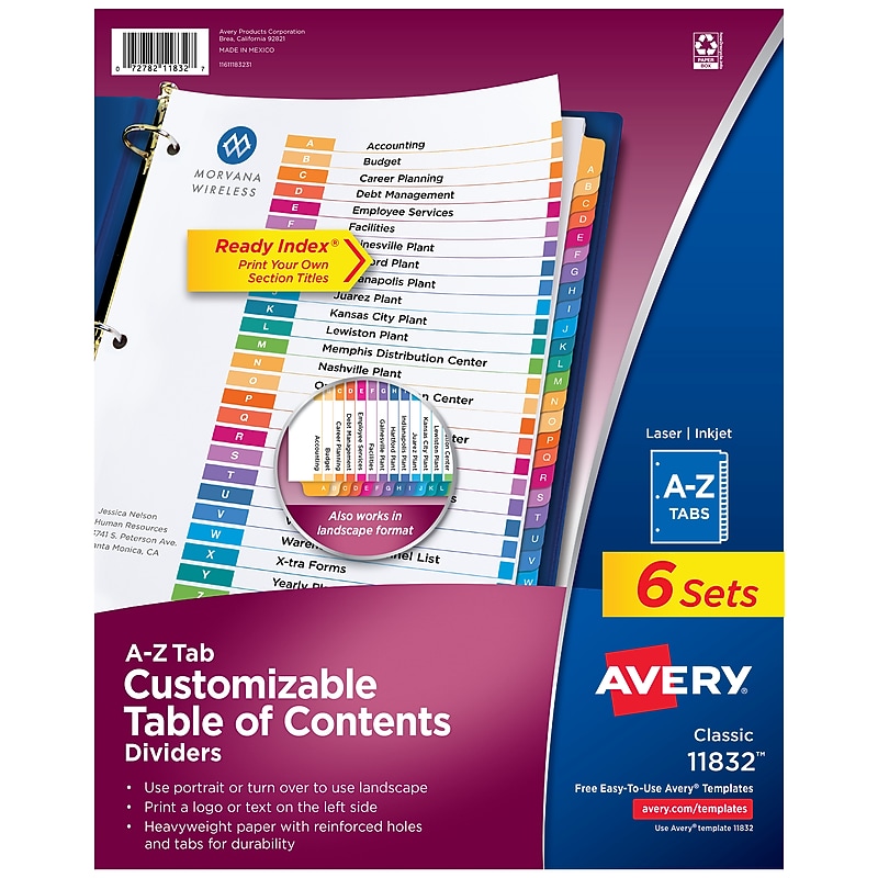 Avery Ready Index Table of Contents Pre-Printed Paper Divider, A-Z Tabs , Multicolor, 6 Sets (11832) image 1