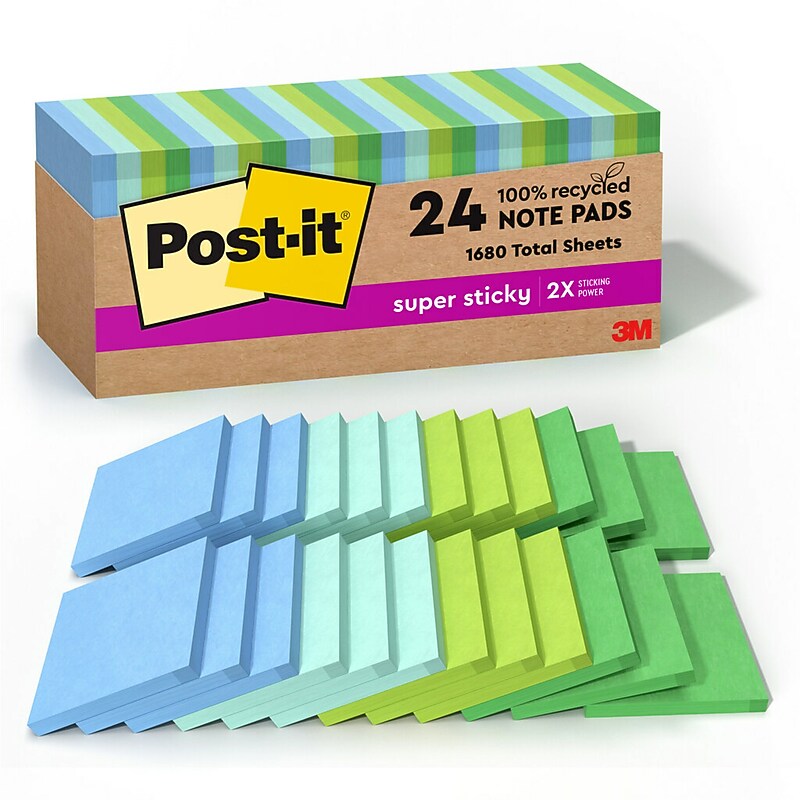 Post-it Recycled Super Sticky Notes - Oasis Collection, 3