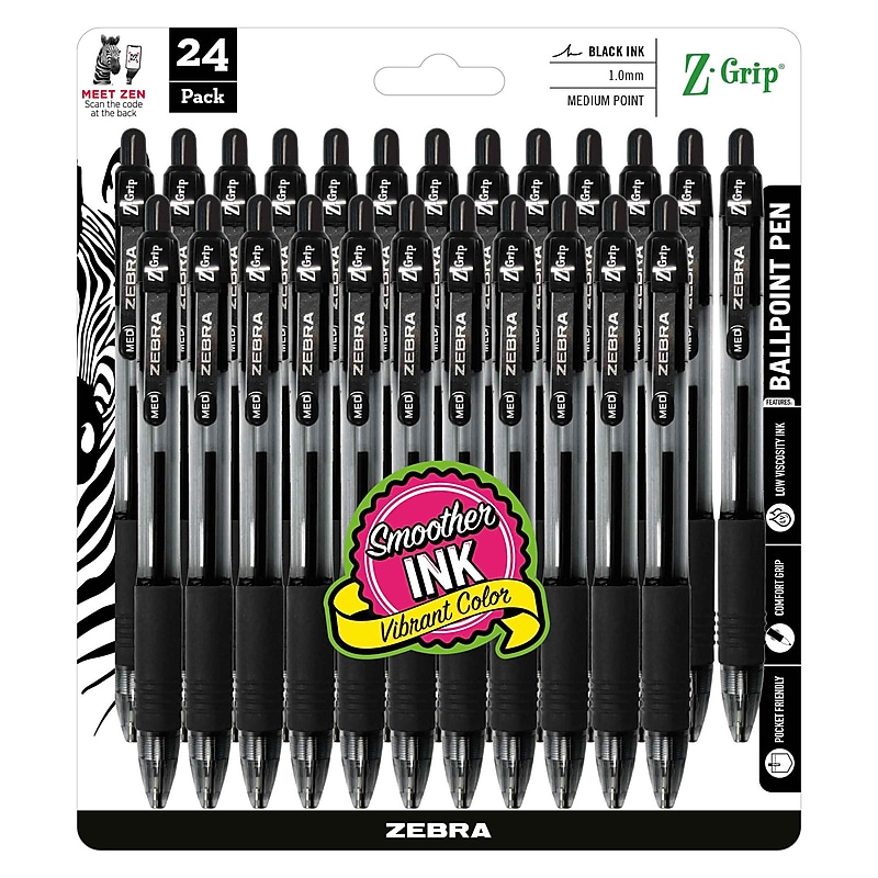 Zebra Z-Grip Retractable Ballpoint Pens, Medium Point, 1.0mm, Black Ink, 24/Pack (12221) image 1