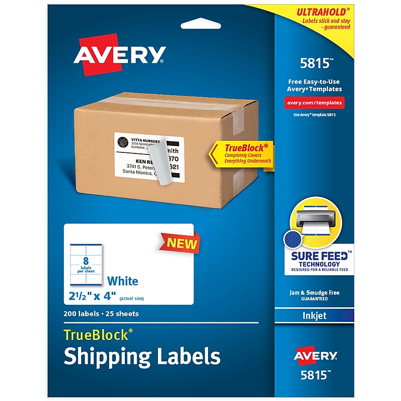 Avery TrueBlock Inkjet Shipping Labels, 2-1/2" x 4", White, 200 Labels/Pack (5815) image 1