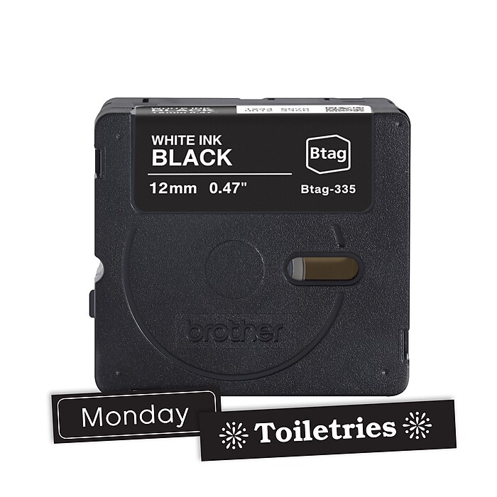 Brother Genuine P-touch Btag White on Black Label Tape, 1/2 in x