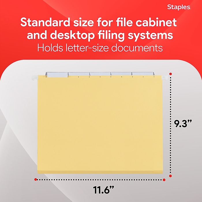 Staples® Heavy Duty Bright Colored Hanging File Folders, 1/5-Cut