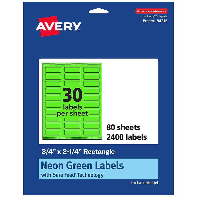 Avery Laser/Inkjet Multipurpose Labels, Neon Green, 30 Labels/Sheet, 80 Sheets/Pack (94216-NGP80) image 1