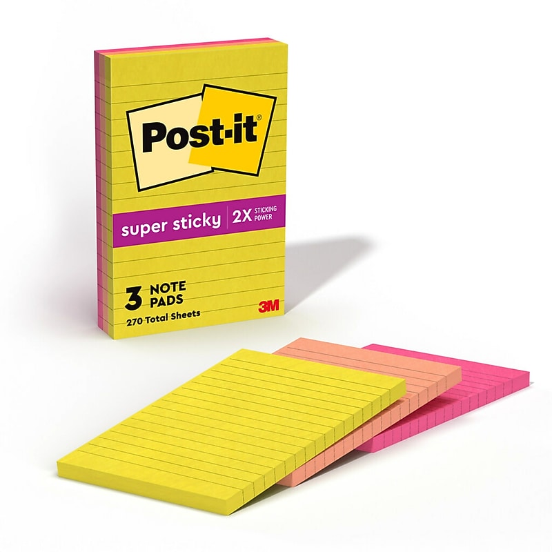 Post-it Super Sticky Notes, 4" x 6", Summer Joy Collection, Lined, 90 Sheets/Pad, 3 Pads/Pack (660-3SSJOY) image 1